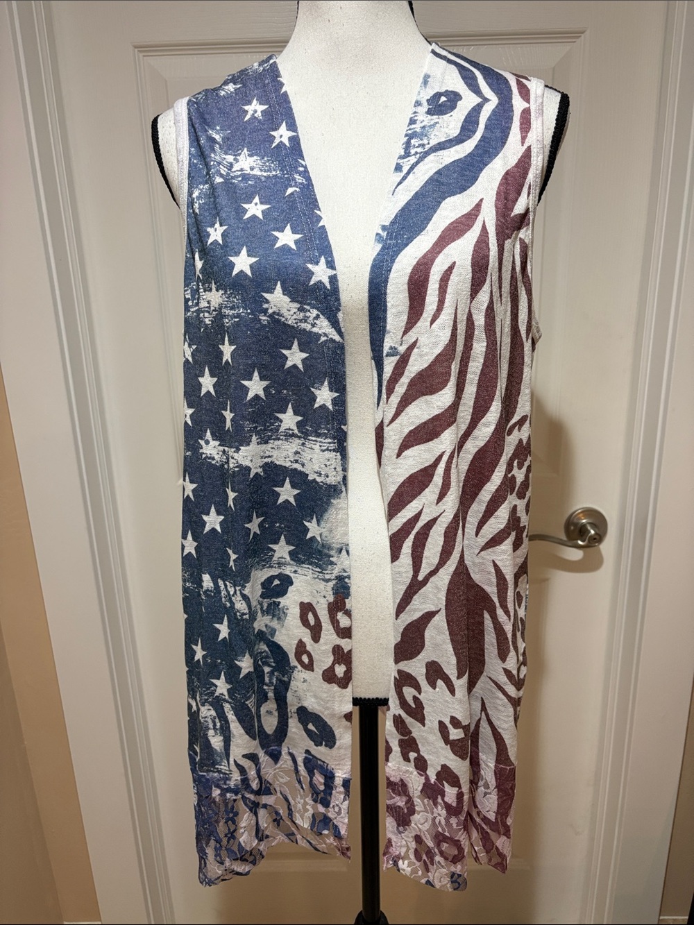 American Flag Pattern Lightweight Cardigan Vest - Blue & Burgundy